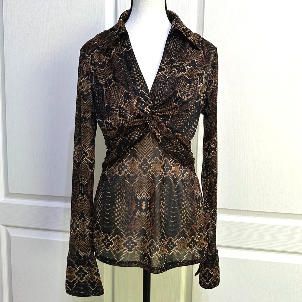 Y2K Cache Sheer Snake Print Twist Front Top L Brown Metallic Mob Wife Retro Glam